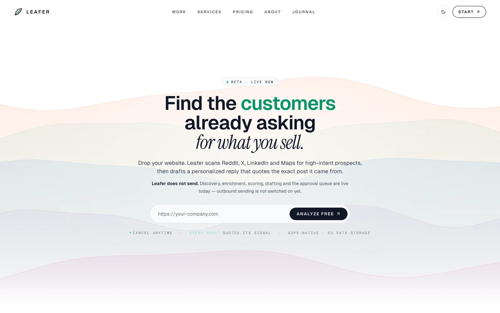 The Leafer homepage: a single field for your website address, above the scan it runs.